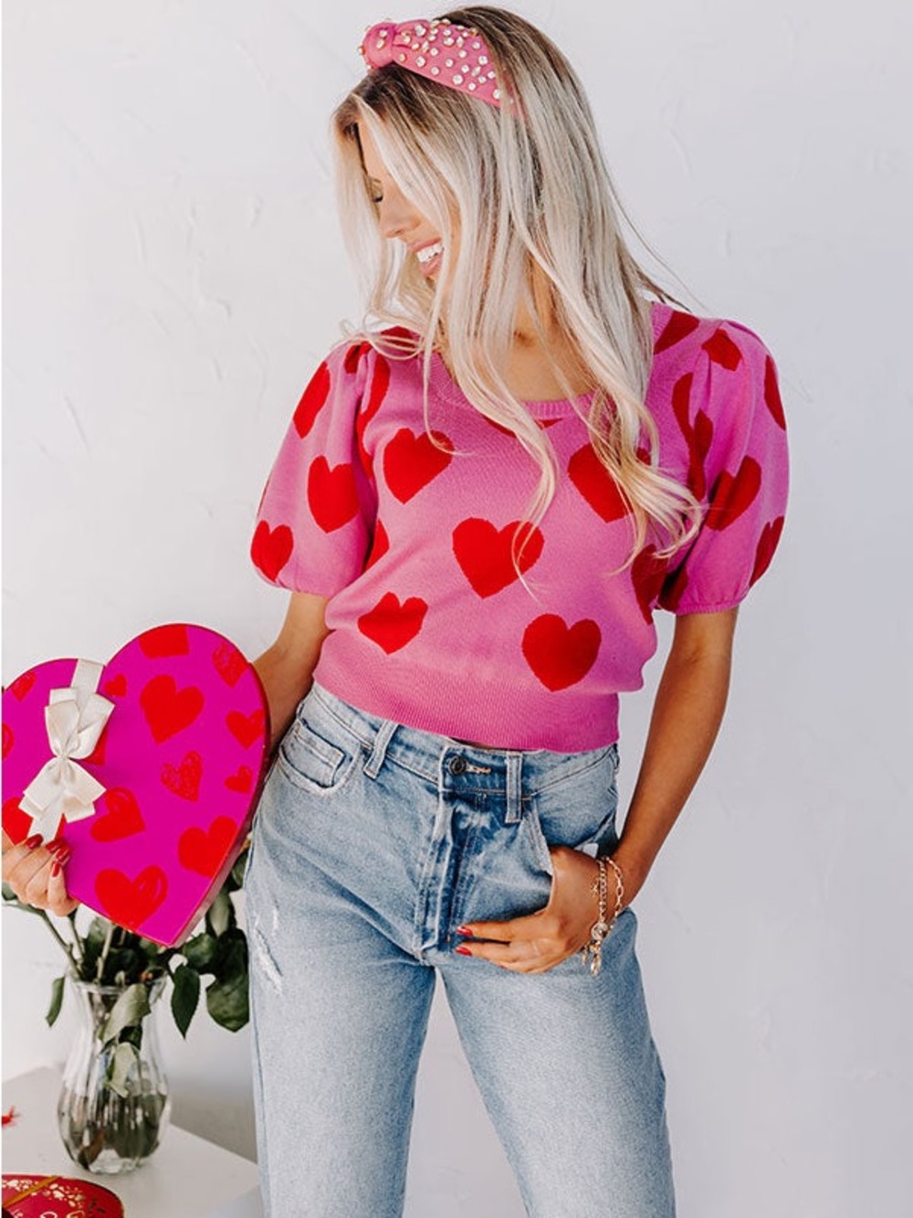 ENTRO Pink Heart Print Puff Sleeve Knit sweater / L / NWOT / Ptp-19”: length 17”